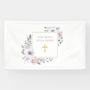 Violet Blush Floral Gold Cross Baptism Banner
