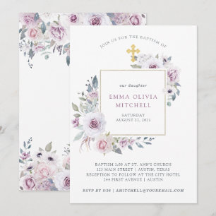 Violet Blush Floral Gold Cross Baptism Invitation