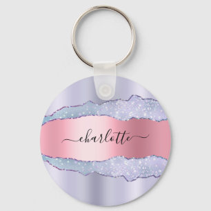 Violet blush pink agate marble glitter name  keychain