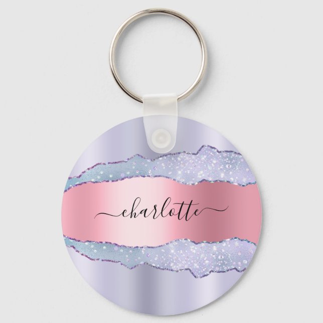 Violet blush pink agate marble glitter name  keychain (Front)