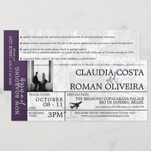 Violet Brazil Wedding Boarding Pass Invitation (Front/Back)
