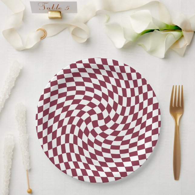 Violet Burgundy Wedding Collection Check Chequered Paper Plate (Wedding)