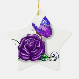 Violet Butterfly and Rose design Ceramic Ornament