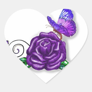 Violet Butterfly and Rose design Heart Sticker