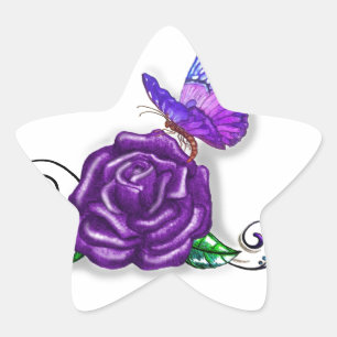 Violet Butterfly and Rose design Star Sticker