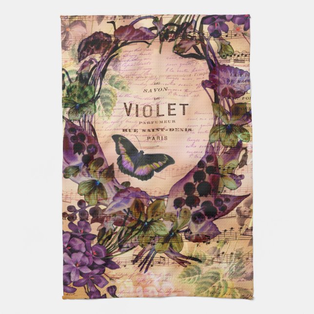 Violet Butterfly Floral Ephemera Kitchen Towel (Vertical)