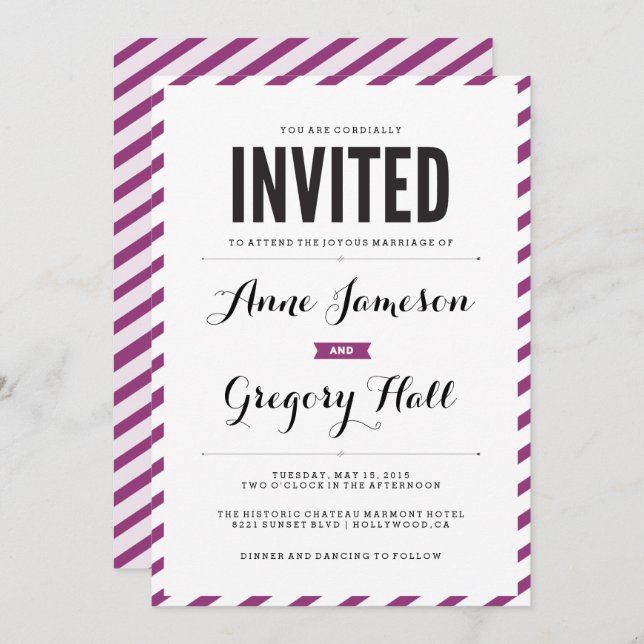 Violet Carnival Stripes Modern Wedding Invitation (Front/Back)
