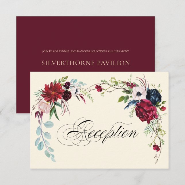 Violet | Carte d'accueil Marine Blue Floral Weddin (Devant / Derrière)