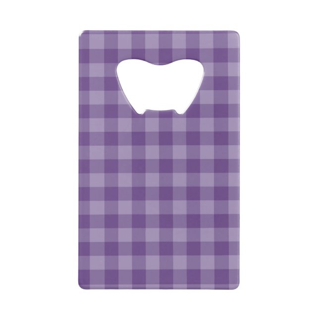 Violet chequered background credit card bottle opener (Front)