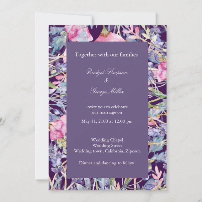 violet colourful wildflower greenery wedding invitation (Front)