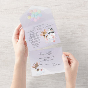 Violet Cute Animals in Masks Virtual Baby Shower All In One Invitation