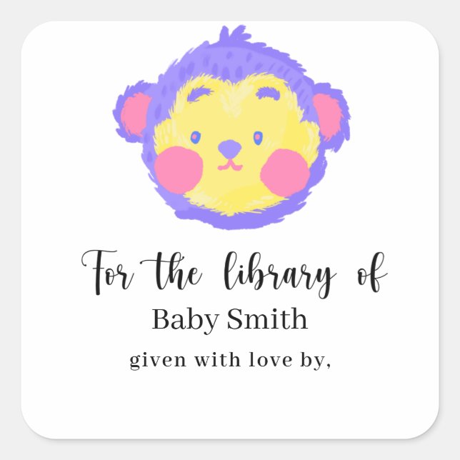 Violet cute Monkey Baby Shower Library Square Sticker (Front)