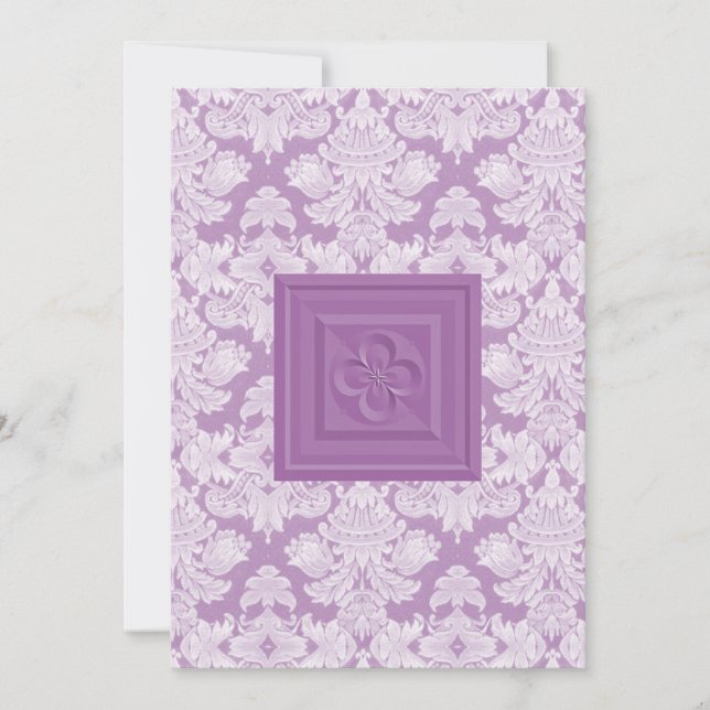 Violet Damask and Cross Wedding Invitation (Front)