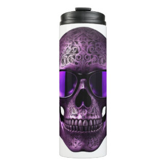 Violet engraved metallic 3D skull with sunglasses Thermal Tumbler