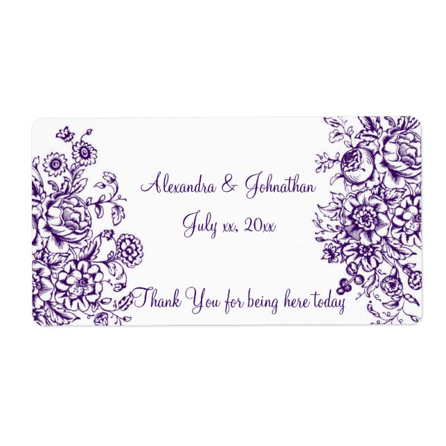 Violet et blanc Elégant mariage Vin Étiquette d'ea (Devant)