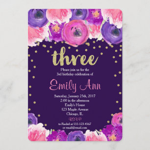violet et or troisième anniversaire invitation