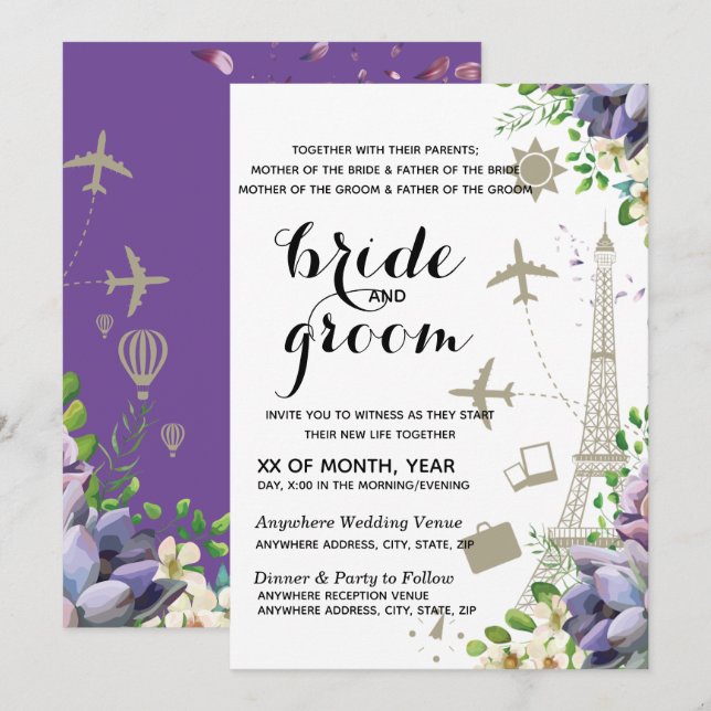 Violet Floral and Travel Themed Wedding Invitation (Front/Back)