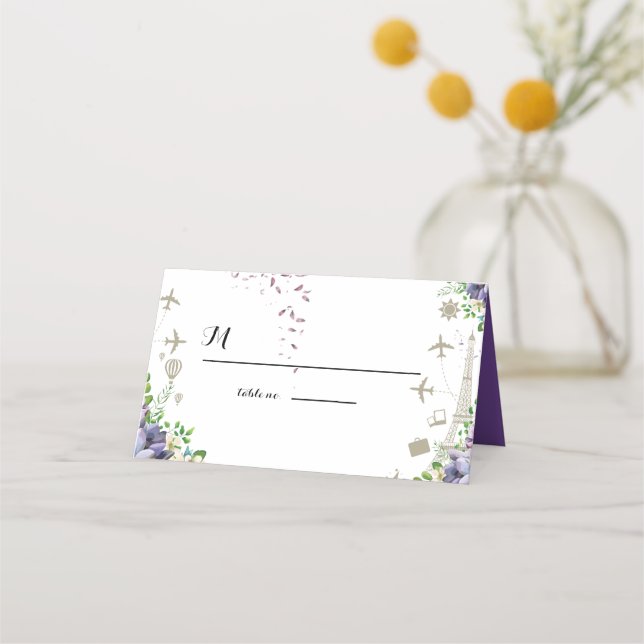 Violet Floral and Travel Themed Wedding Invitation (Front)