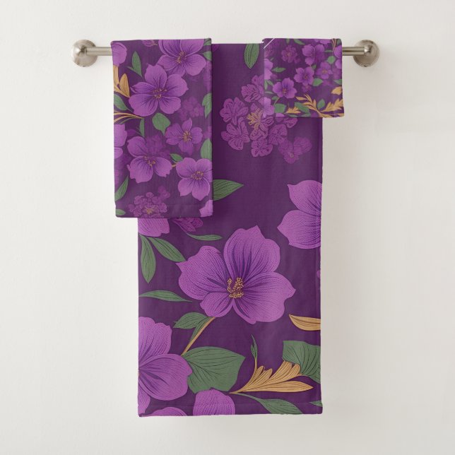 Violet Floral Colourful Personalized Pattern Bath Towel Set (Insitu)