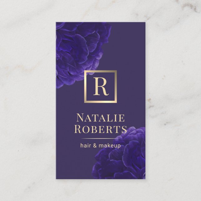 Violet Floral Gold Logo Hair Stylist Makeup Artist Business Card (Front)