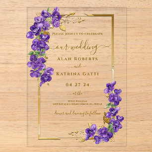 Violet Floral Gold Wedding Acrylic Invitation