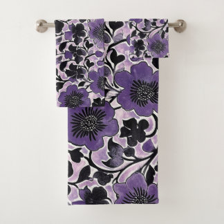 Violet Floral Pattern Bath Towel Set