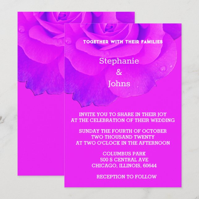 Violet Floral Purple Pink Rose Colourful Wedding Invitation (Front/Back)