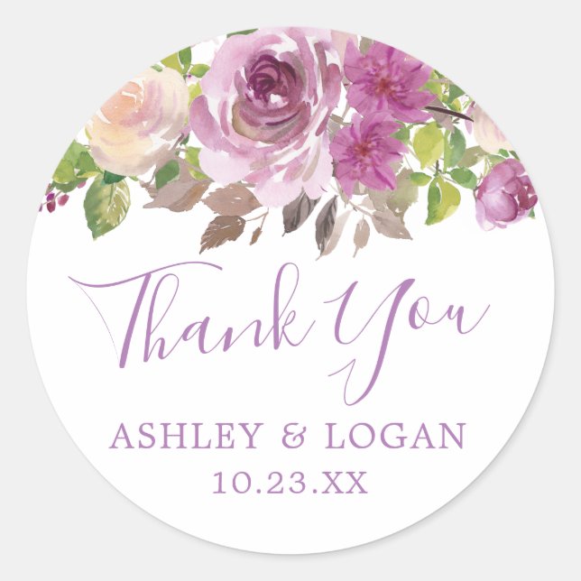 Violet Floral Wedding Thank You Favour Sticker (Front)