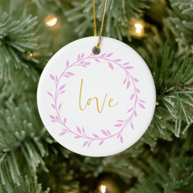 Violet Floral Wreath with Love in Yellow Script Ceramic Ornament (Tree)