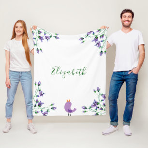 Violet florals bluebells white name fleece blanket