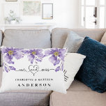 Violet florals white mr mrs names accent pillow<br><div class="desc">White background,  black text. Decorated with violet,   lavender coloured flowers,  Mr and Mrs with a heart.  Personalize and add your names.</div>