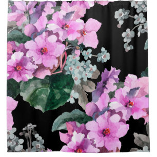 Violet flowers and forget me not watercolor on bla