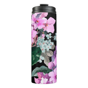 Violet flowers and forget me not watercolor on bla thermal tumbler