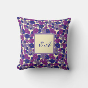 Violet flowers blue purple repeat pattern monogram throw pillow