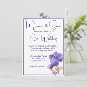 Violet Flowers Elegant White Wedding Invitation