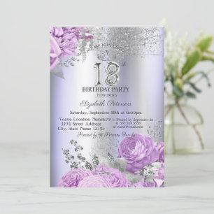 Violet Flowers Glitter Lilac 18th Birthday Invitation