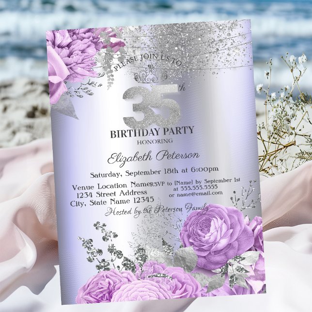 Violet Flowers Glitter Lilac 35th Birthday   Invitation (Creator Uploaded)