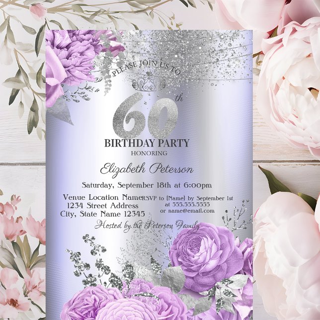 Violet Flowers Glitter Lilac 60th Birthday   Invitation (Creator Uploaded)
