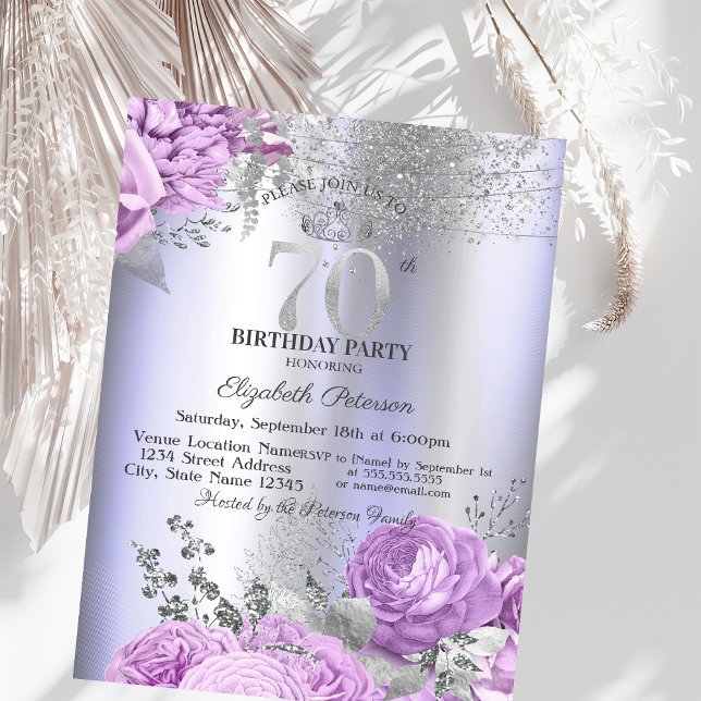 Violet Flowers Glitter Lilac 70th Birthday   Invitation (Creator Uploaded)
