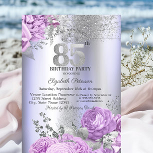 Violet Flowers Glitter Lilac 85th Birthday   Invitation