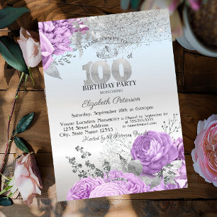 Violet Flowers Glitter Silver 100th Birthday   Invitation