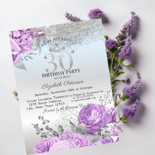 Violet Flowers Glitter Silver 30th Birthday   Invitation