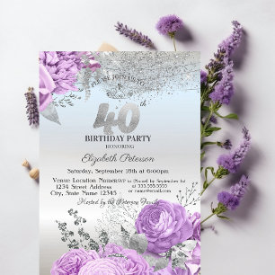 Violet Flowers Glitter Silver 40th Birthday   Invitation