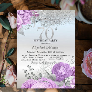Violet Flowers Glitter Silver 70th Birthday   Invitation