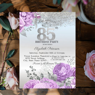 Violet Flowers Glitter Silver 85th Birthday   Invitation