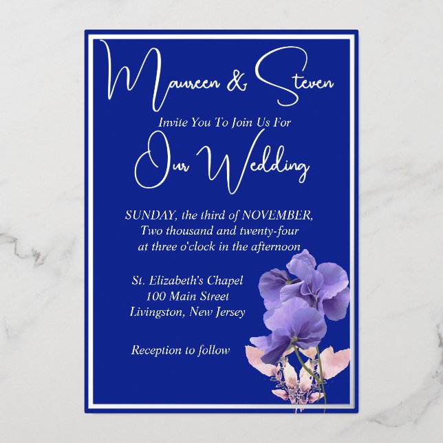 Violet Flowers on Royal Blue Wedding Silver  (Front)