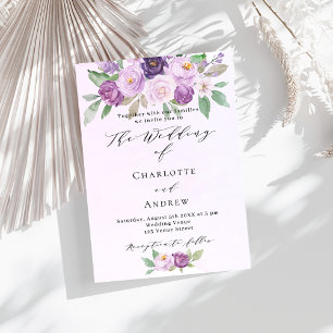 Violet flowers roses greenery elegant wedding invitation