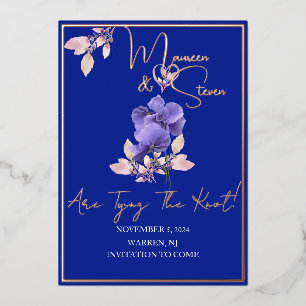 Violet Flowers Royal Blue Save The Date Foil Card