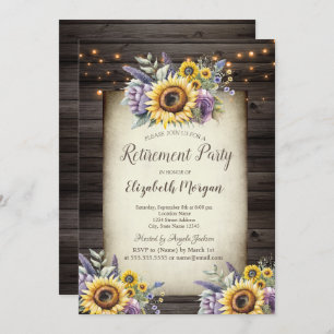 Violet Flowers Sunflowers Brown Wood Retirement Invitation