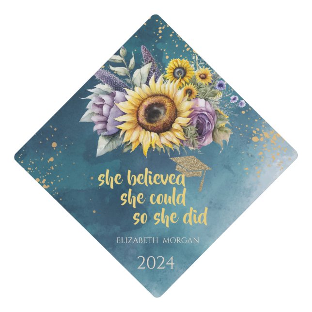 Violet Flowers Sunflowers Glitter Grad Cap (Front)